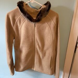 Tan Fleece Jacket with Faux Fur Hood
